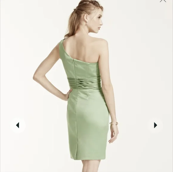 David's Bridal Size 6, One Shoulder Satin Dress W/ Pleated Bodice, Truffle/Brown - Picture 5 of 5